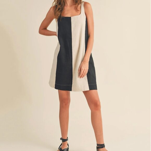 MIOU MUSE | Black  and Cream Color Block Dress | Lined Linen - Picture 3 of 12